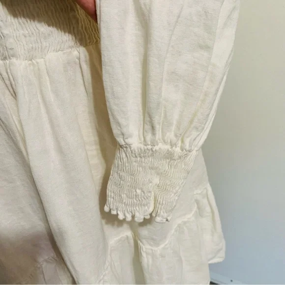 knee length dresses for ladies Zara Khaki Linen Blend V-neck Short Puff Sleeve Tiered Mini Babydoll D   Brie